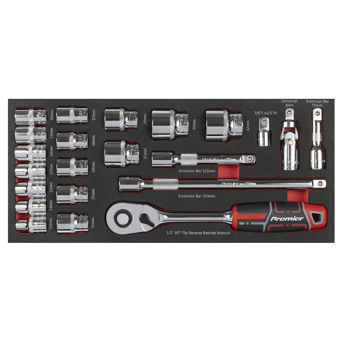 Sealey Premier Socket Set with Tool Tray 1/2"Sq Drive 22pc TBT42