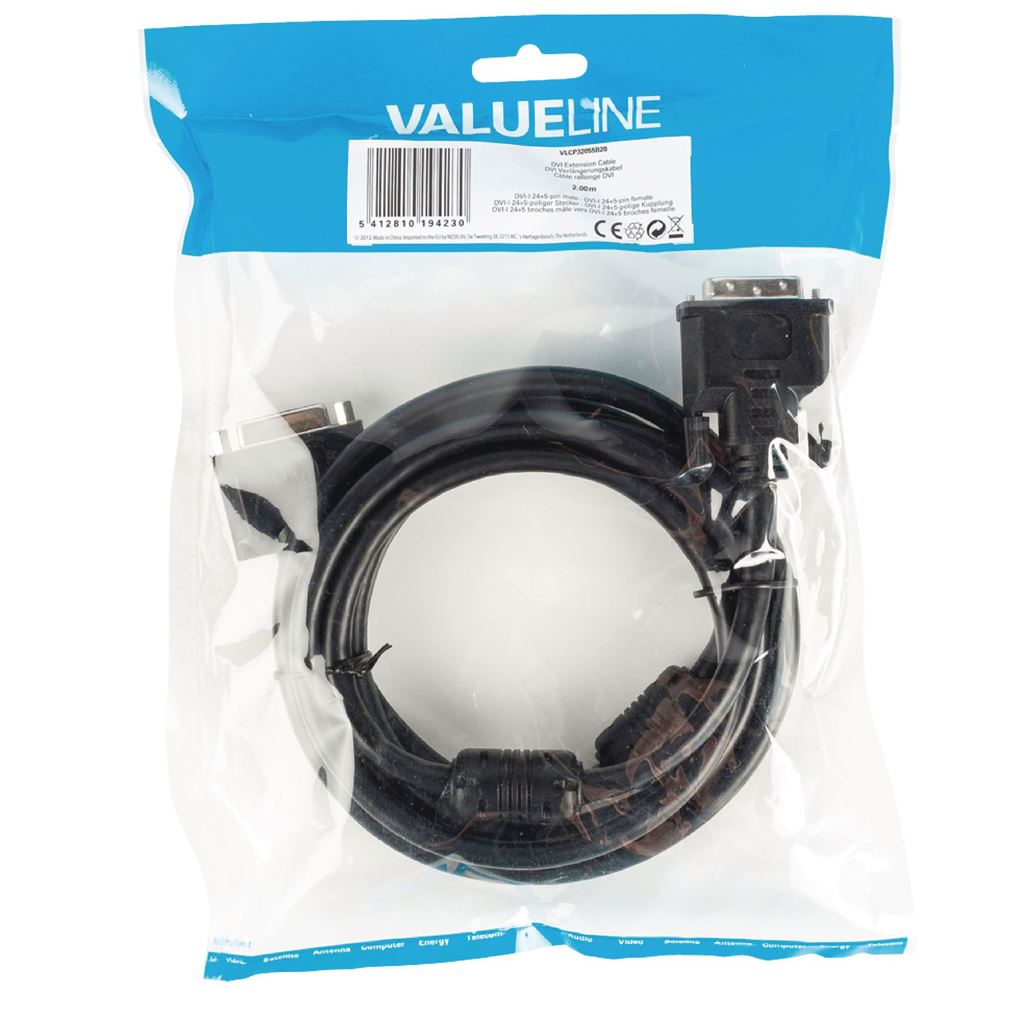 Glaxio DVI extension cable DVI-I 24+5-pin male - DVI-I 24+5-pin female 2m black - CCGP32055BK20