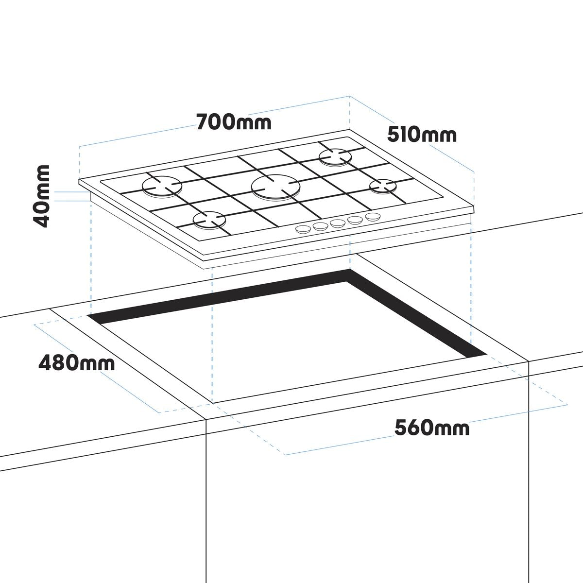 Baridi Gas Hob with 5 Cooking Zones 70cm - Black DH228