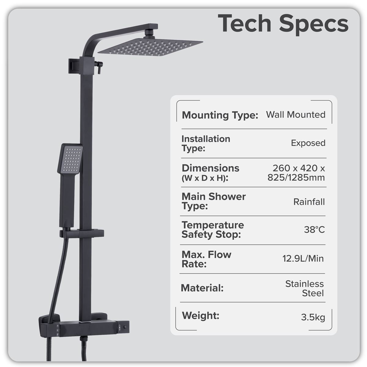 Baridi Thermostatic Shower Mixer Set, 20x20cm Square Head, Adjustable Rail