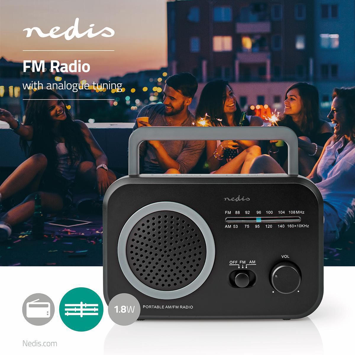 Nedis FM Radio Portable AM/FM Battery Powered/Mains Powered Analogue 1.8W - RDFM1330GY