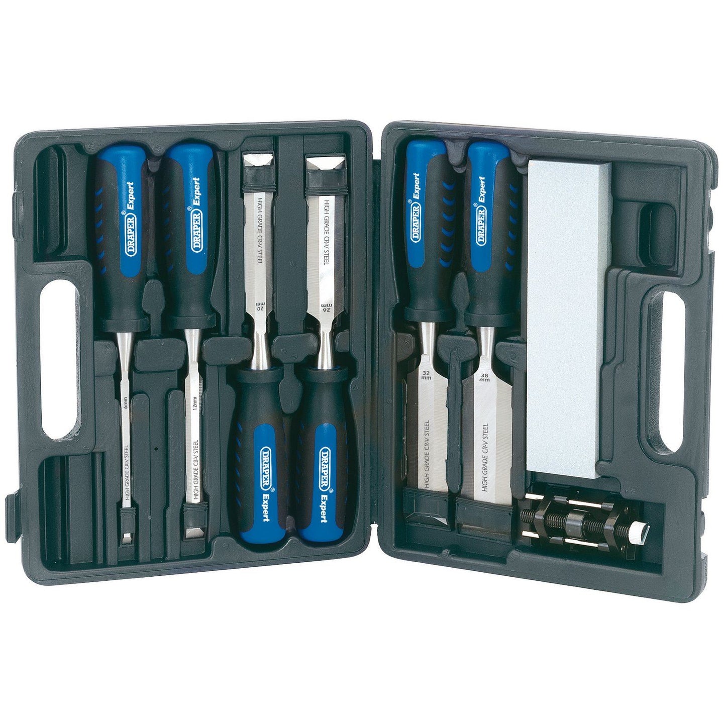 Draper Expert 8 Piece Wood Chisel Set & Sharpening Stone + Honing Guide, 88605