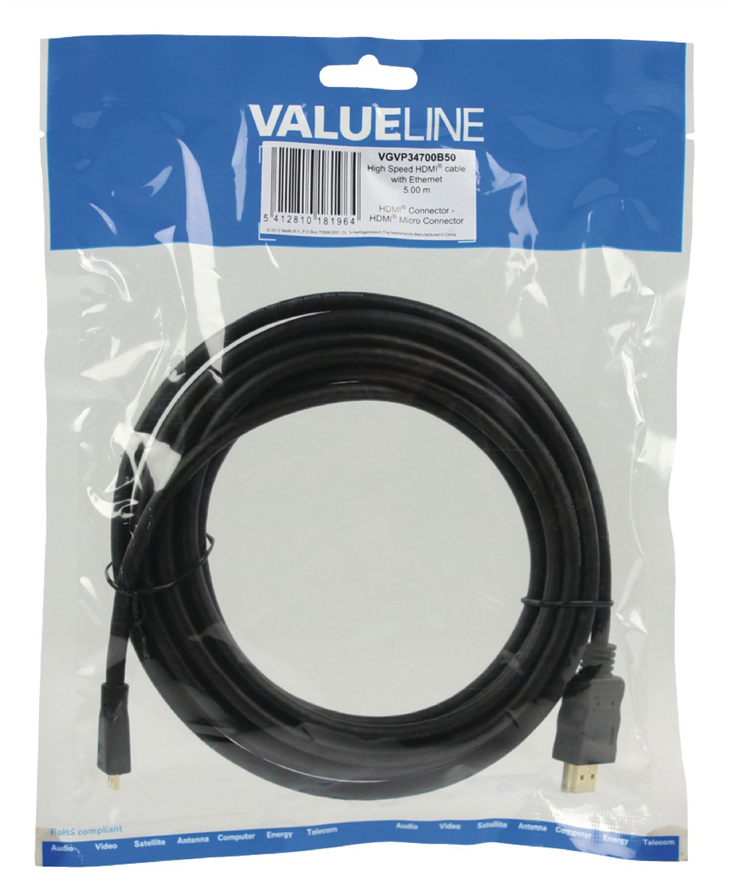 (Disc) Glaxio® High Speed HDMI Cable with Ethernet to HDMI Micro Connector 5m (Black) VGVP34700B50 Tracked IE1.P.250 Stocked GETR