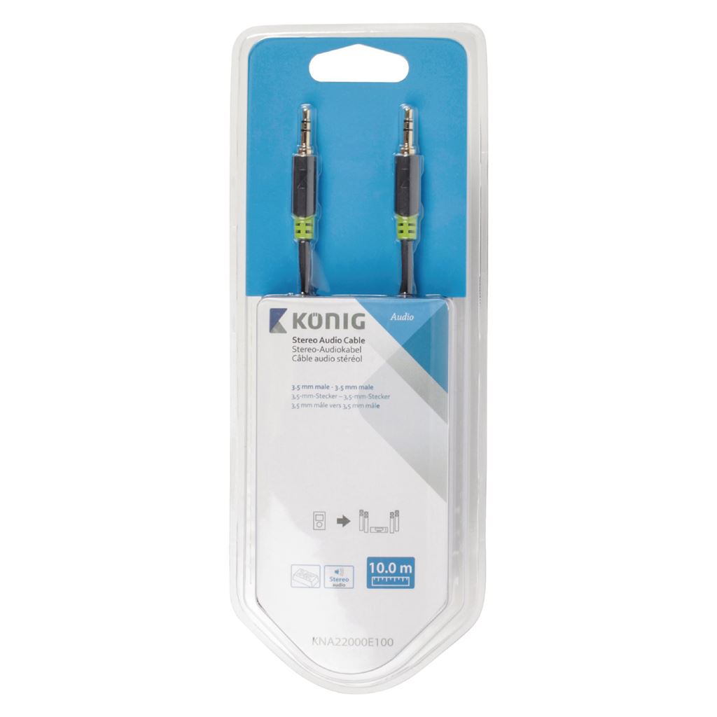 Konig Stereo audio cable 3.5mm male to male 10m grey - CABW22000AT100