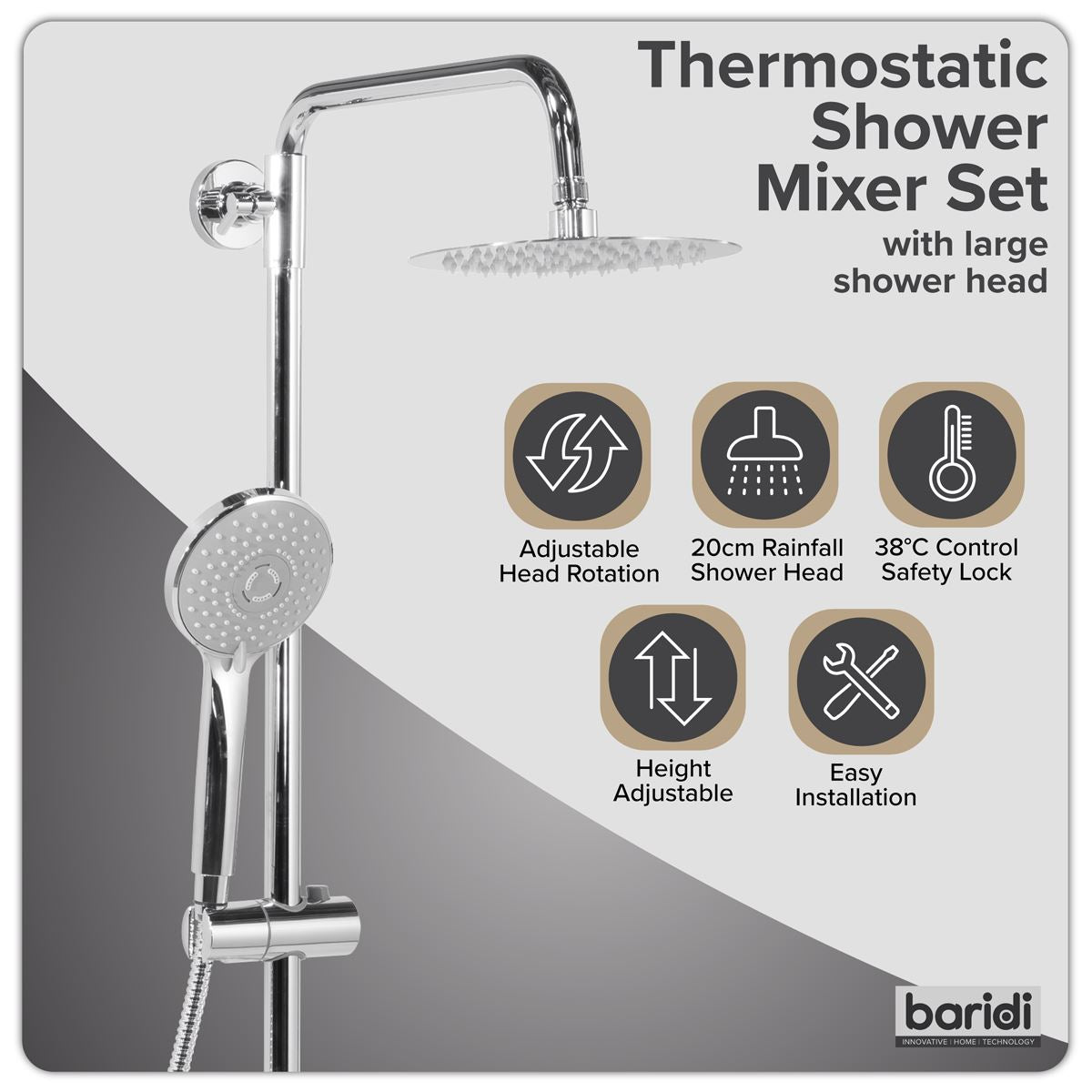 Baridi Thermostatic Shower Mixer Set, 20cm Round Head, Adjustable Rail - Chrome DH314