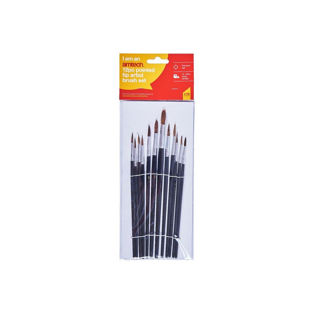 12 Piece Pointed Tip Artist Paint Brush Set Professional Quality Art/Craft/Hobby - S4120