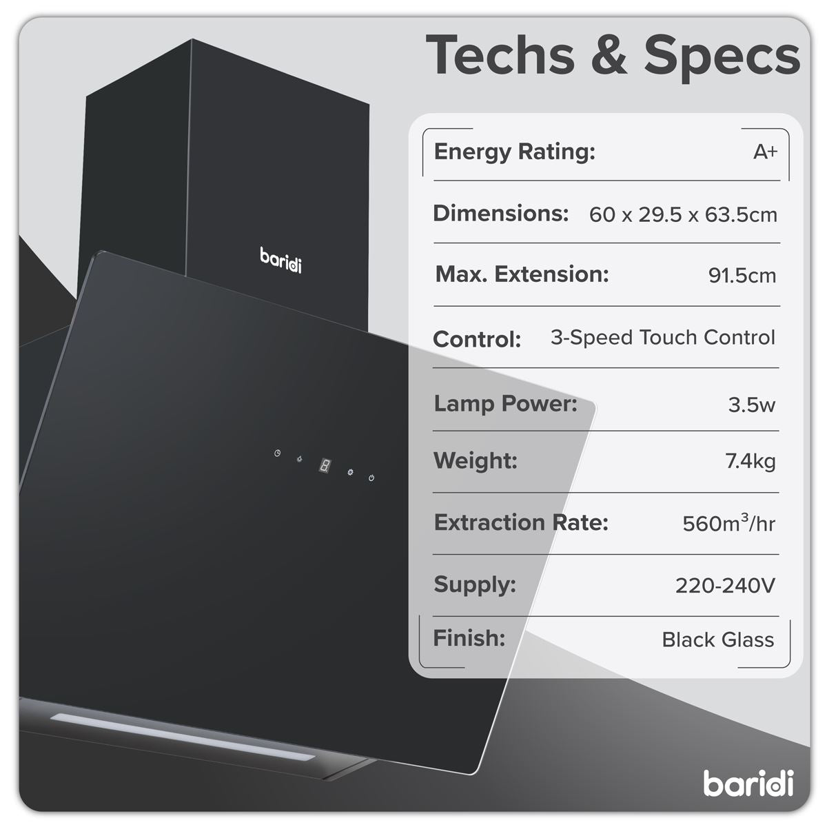 Baridi Angled Chimney Cooker Hood with Touch Controls & Carbon Filters 60cm