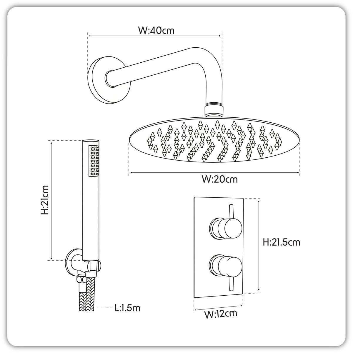 Baridi Concealed Thermostatic Shower Set 20cm Round Head & Hand Shower - Chrome DH318