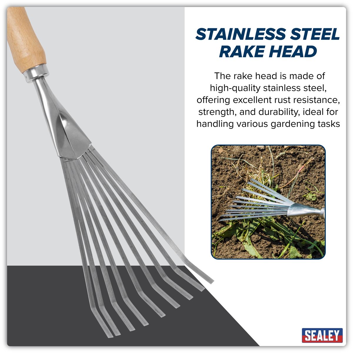 Sealey Premier Leaf Hand Rake with Ash Handle & Stainless Steel Tines GTWH001