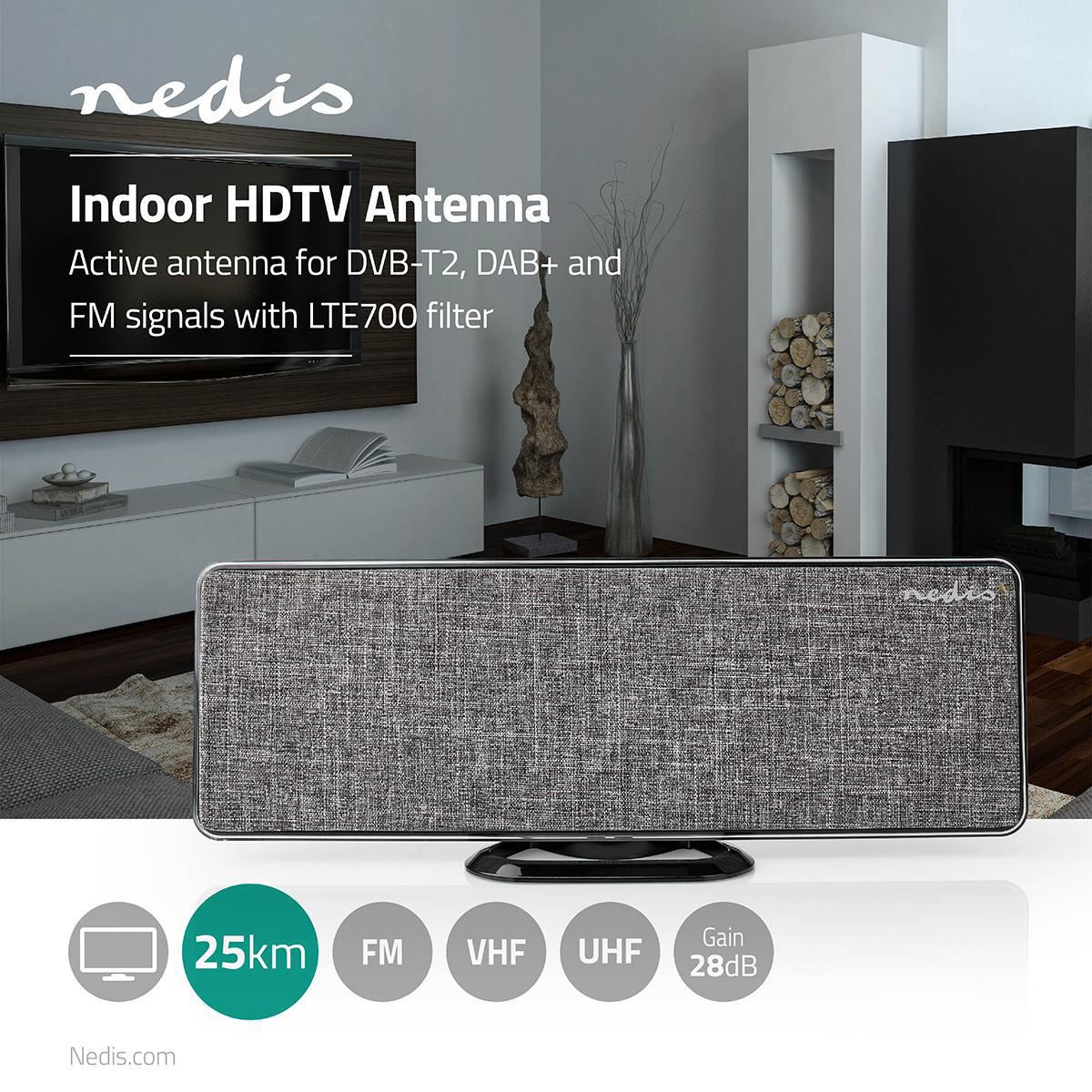 Nedis Indoor HDTV Antenna 0 to 25 km Gain 28dB FM/VHF/UHF Grey - ANIR2513GY700
