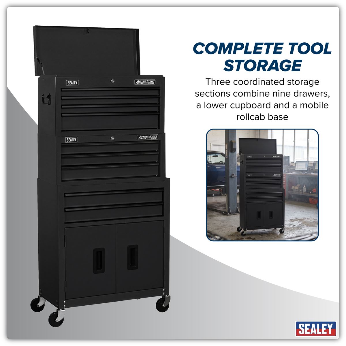 Sealey American Pro Topchest, Mid-Box Tool Chest & Rollcab Stack 9 Drawer