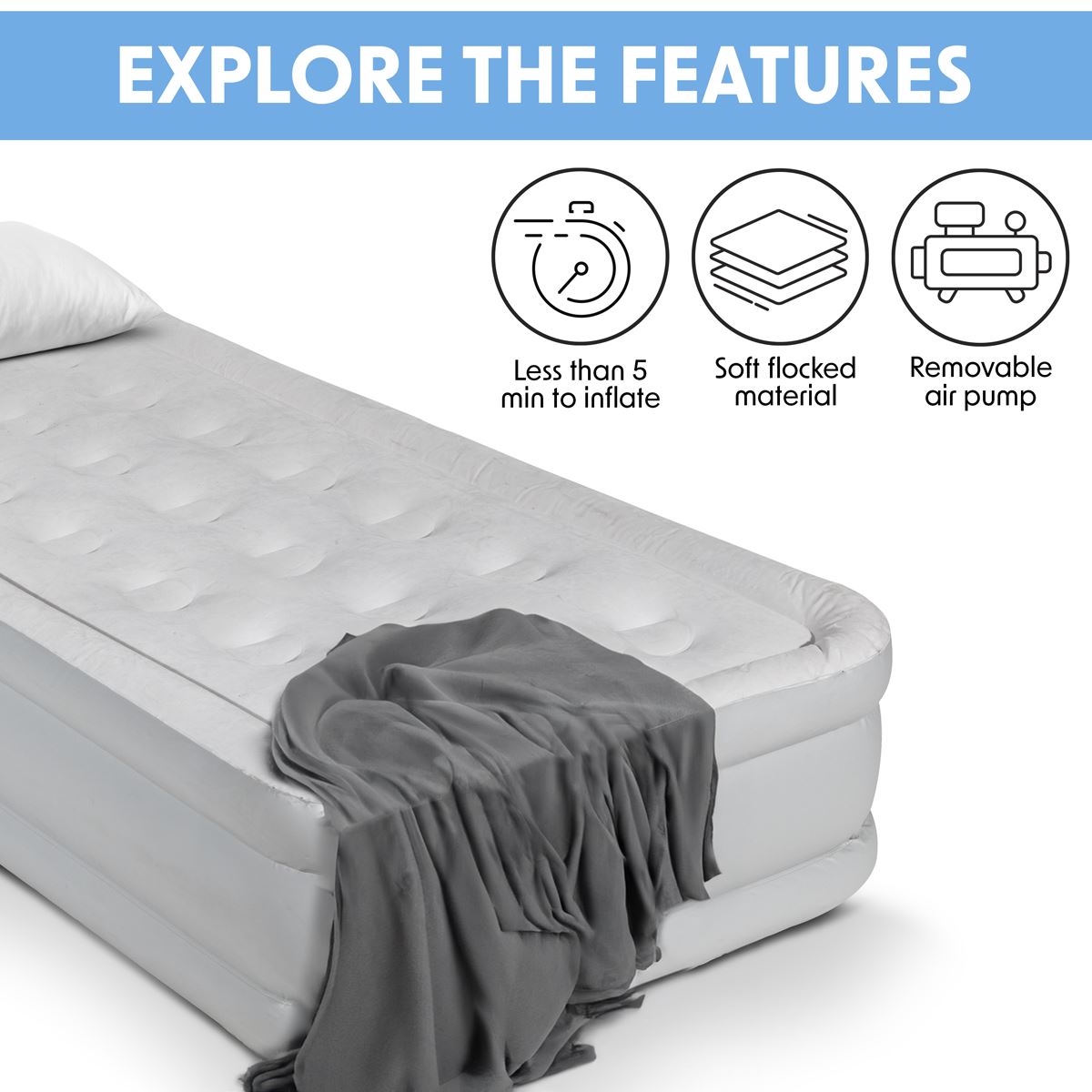 Sealey Dellonda, Single, Inflatable High Raised Flocked Air Bed, with Removable 230V Rapid-Air Electric Pump, Carry Bag, Self Inflation/Deflation and Coil Beam Construction, For Home and Camping, 196x97x47cm, DL144 DL144