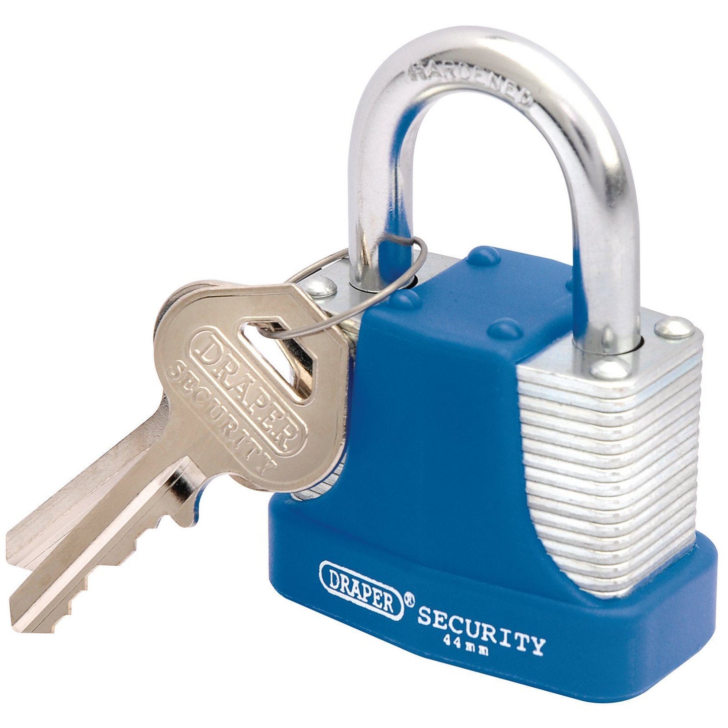 Draper 44mm Laminated Steel Padlock and 2 Keys with Hardened Steel Shackle and B - 64181