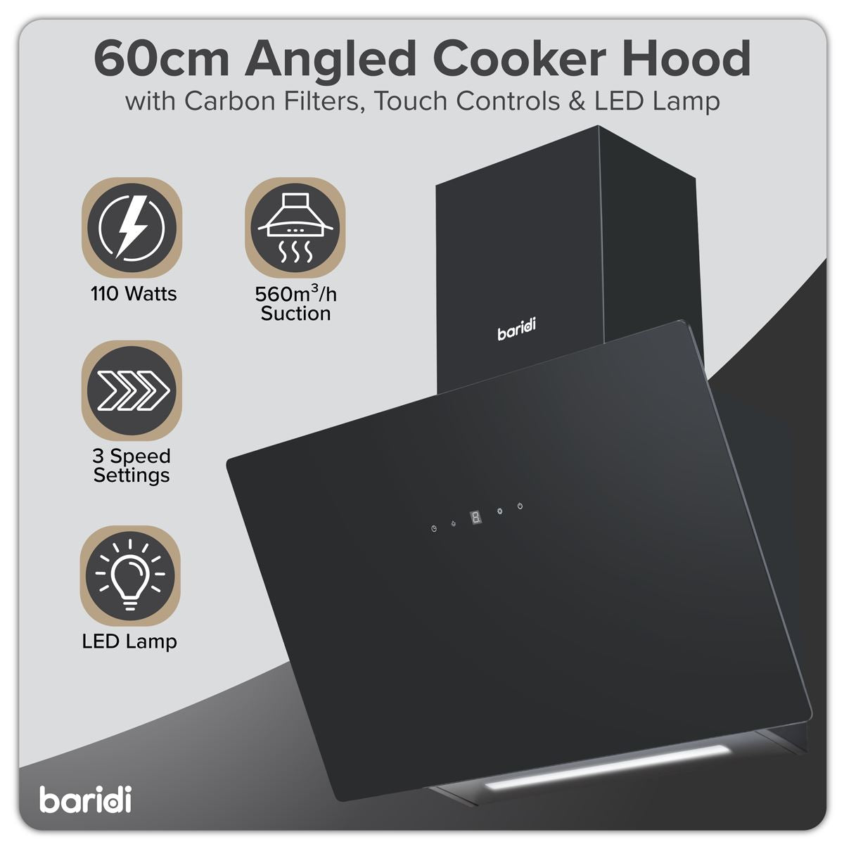 Baridi Angled Chimney Cooker Hood with Touch Controls & Carbon Filters 60cm