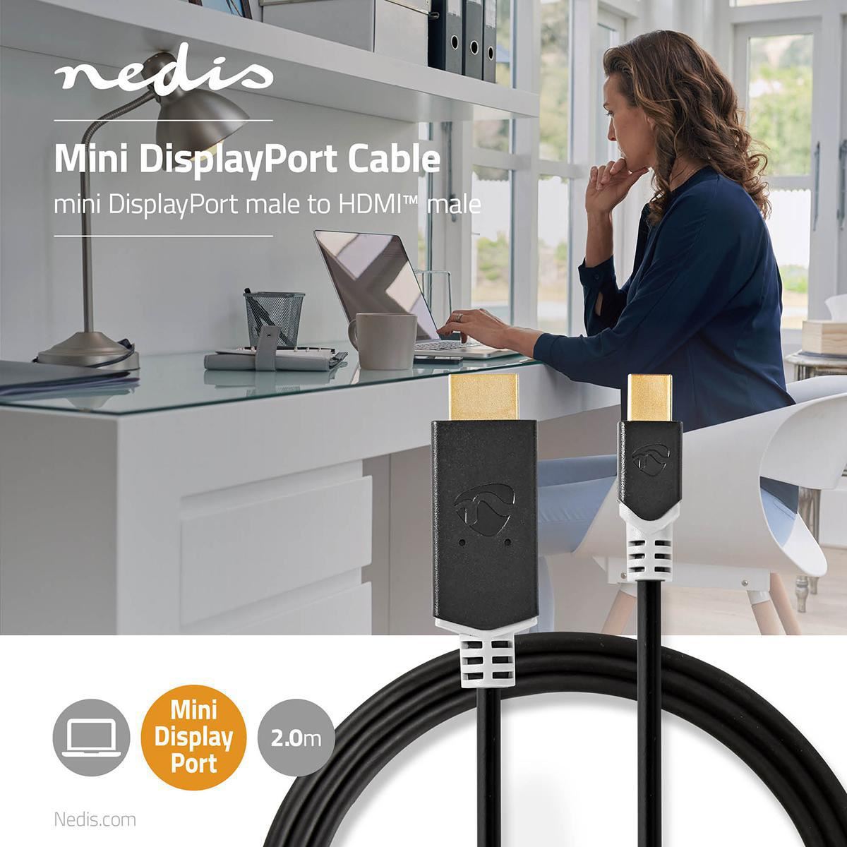 Nedis 1.4 Mini DisplayPort Male to HDMI Male Cable Connector 2m Anthracite Grey - CCBP37604AT20