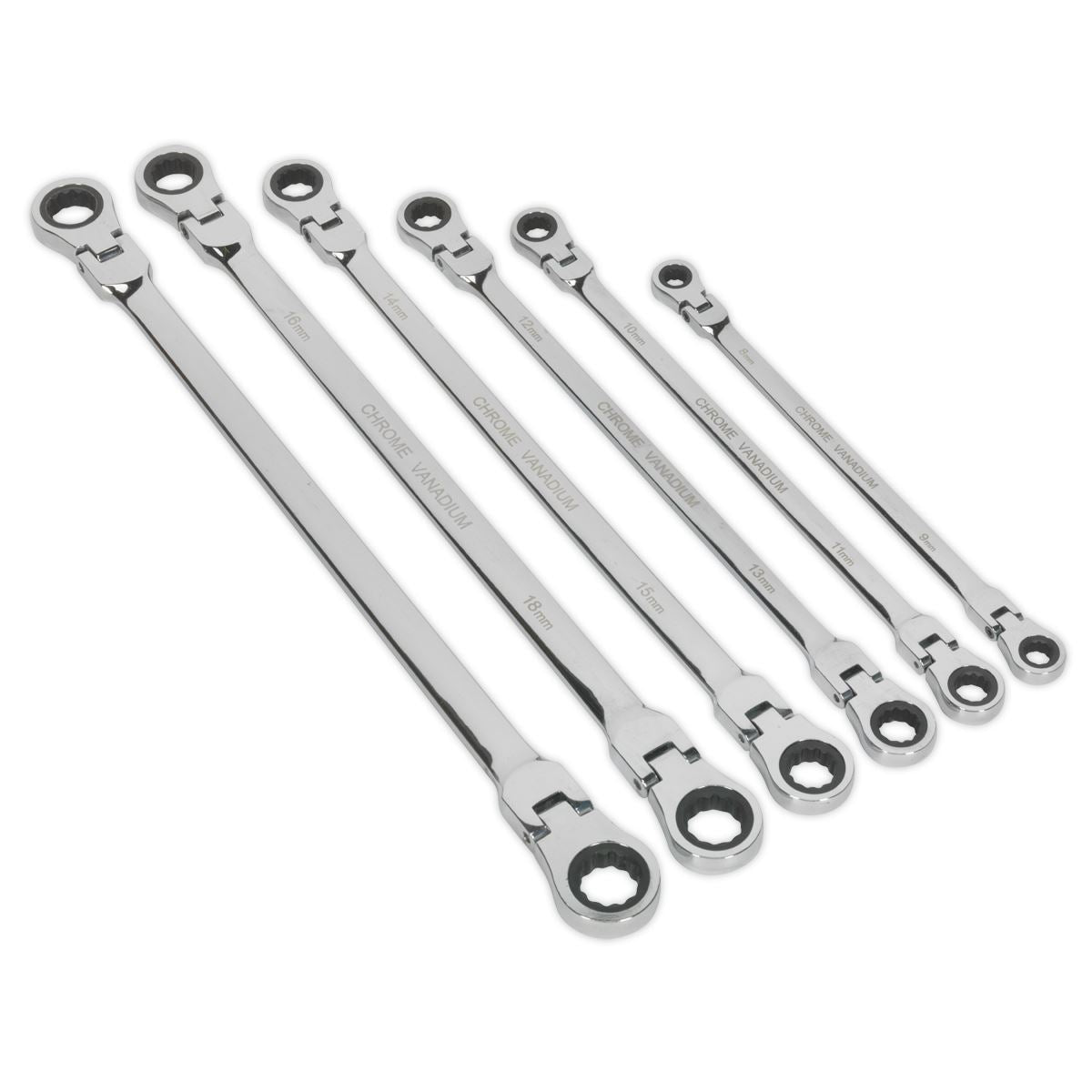 Sealey Flexi-Head Dble End Ratchet Ring Spanner Set 6pc Ex-Long MM AK63832