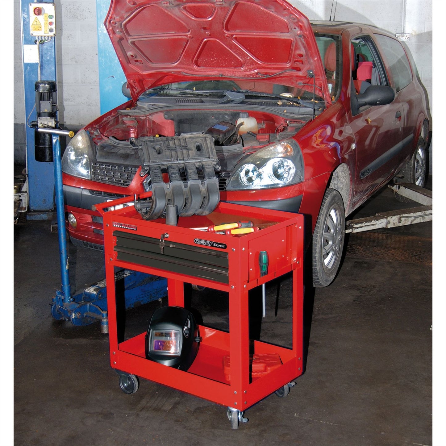 Draper Expert 07636 2 Drawer Tool Trolley with gas strutted lid top compartment. - 07635