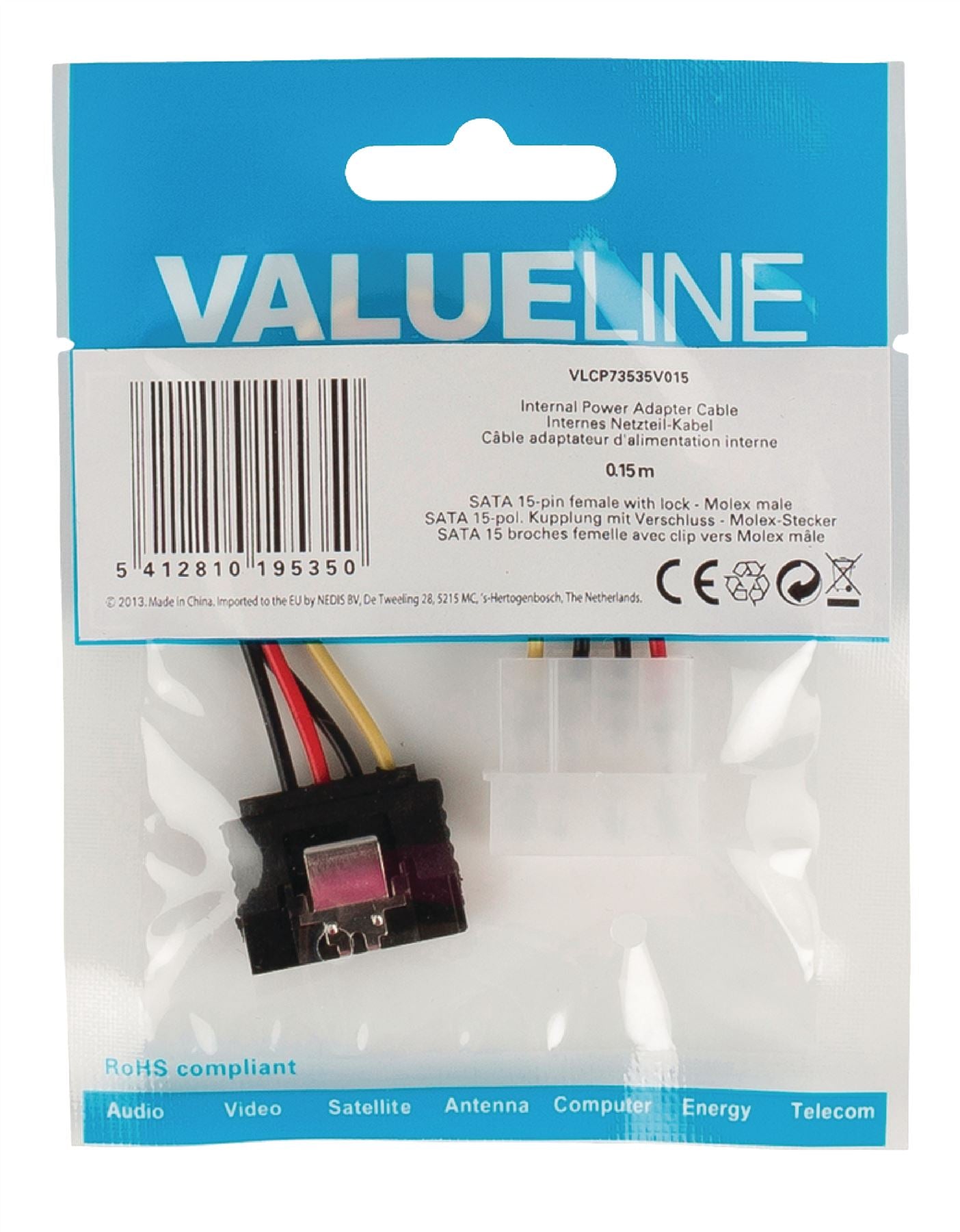 (Disc) Glaxio Internal power adapter cable SATA 15-pin female with lock to Molex male 0.15m multicolour VLCP73535V015 LL IG1.LL.100 Stocked GETR