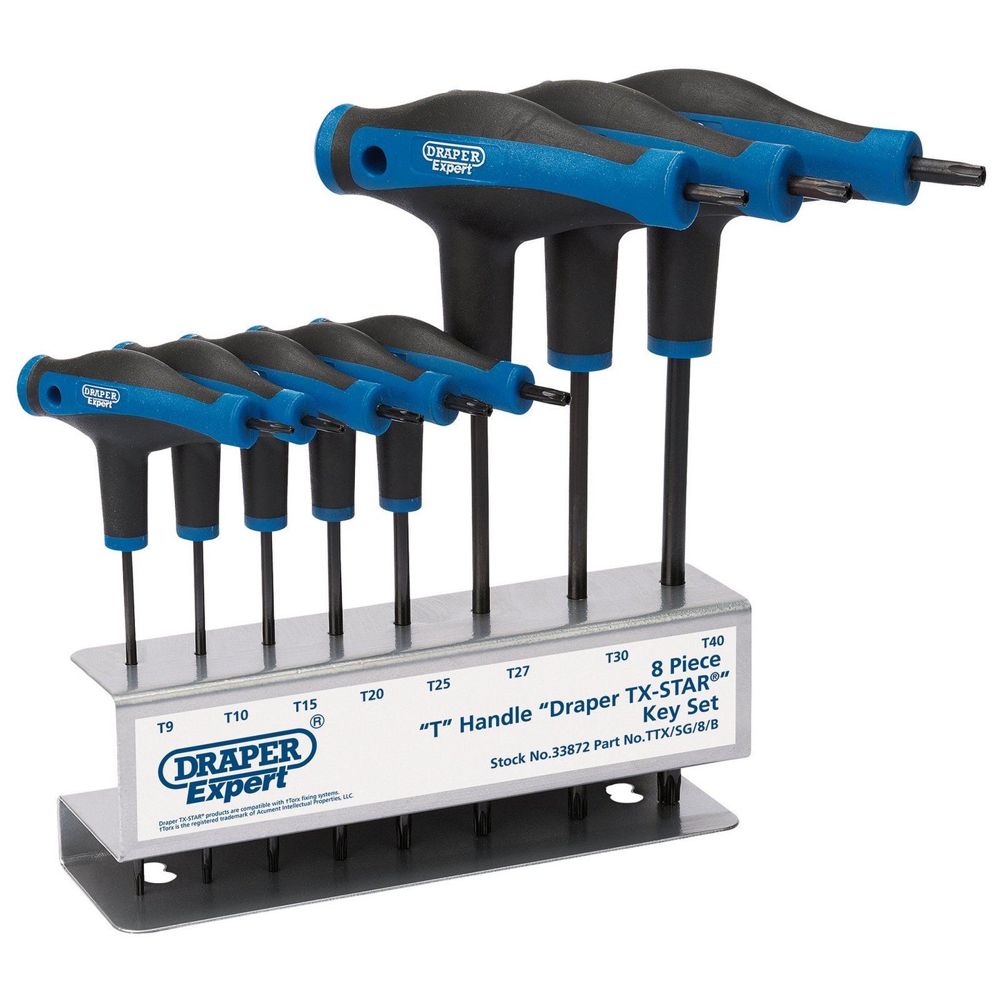 Draper Expert 8 Pce T-Handle Metric TORX/TX Key/Wrench Set T9-T40 + Stand 33872