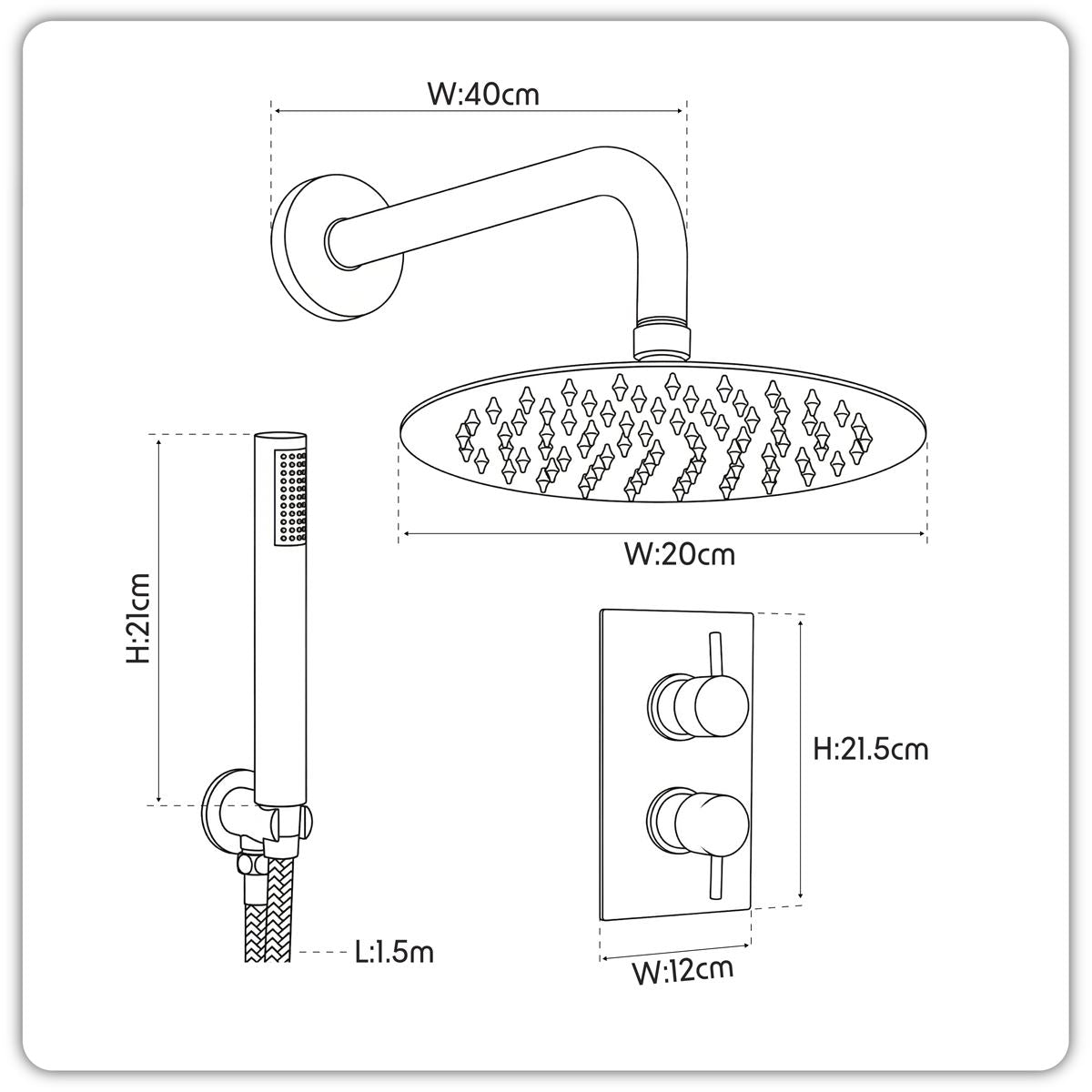 Baridi Concealed Thermostatic Shower Set, 20cm Round Head & Hand Shower - Black