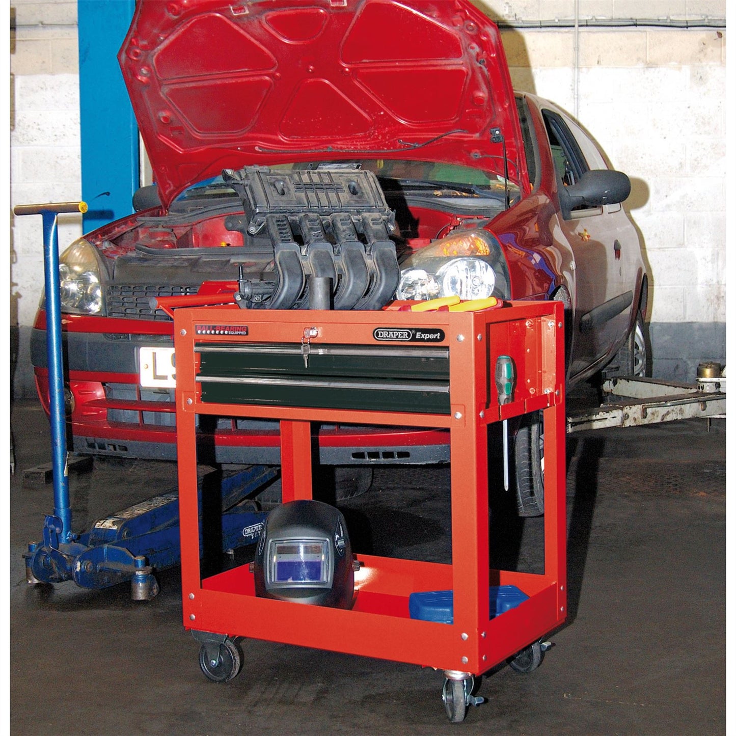 Draper Expert 07636 2 Drawer Tool Trolley with gas strutted lid top compartment. - 07635