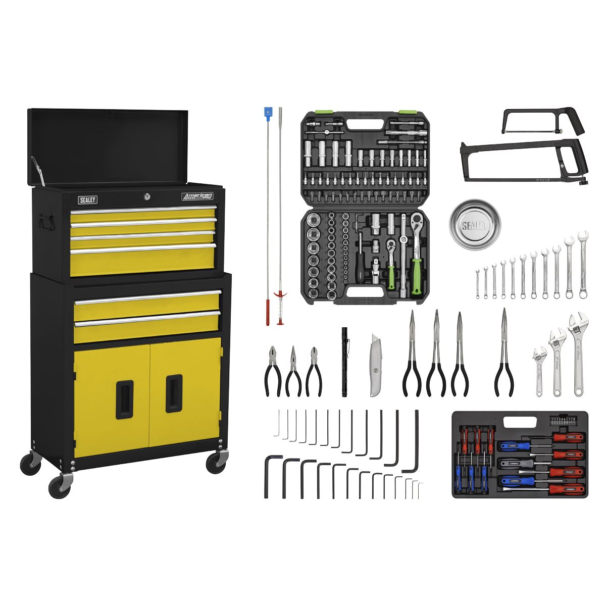 Sealey American Pro Topchest & Rollcab Combination 6 Drawer with Ball-Bearing Slides - Yellow/Black & 170pc Tool Kit AP22YCOMBO