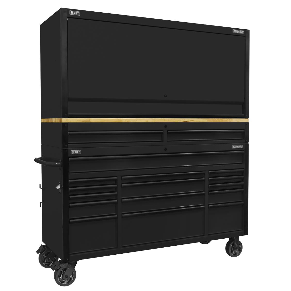 Sealey Superline Black Edition Mobile Trolley with Wooden Worktop 15 Drawer, Hutch & 2 Drawer Riser 1549mm AP6215BECOMBO1