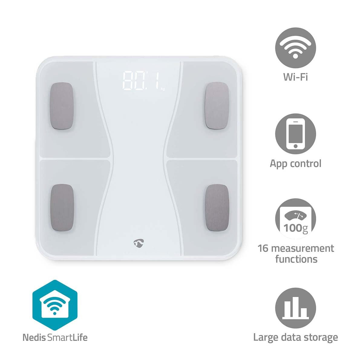 Nedis SmartLife Weighing Scale BMI/BMR/Bones/Fat/Muscles/Water/Weight White