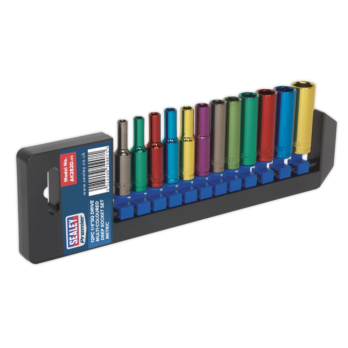 Sealey Multi-Colour Socket Set 12pc 1/4 Sq Dr 6pt Deep WallDrive MM AK282D