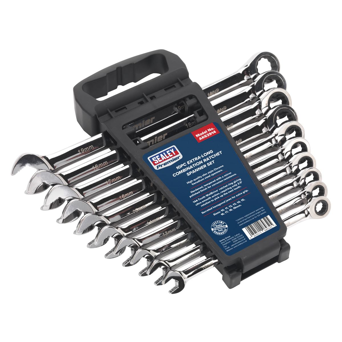 Sealey Combination Ratchet Spanner Set 10pc Extra-Long Metric AK63914