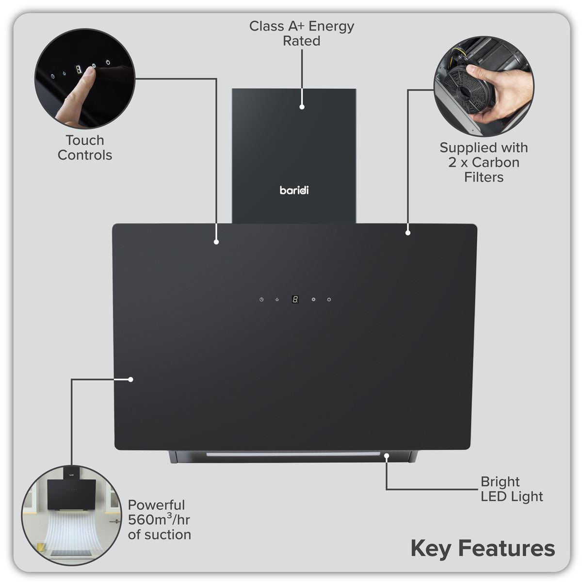 Baridi Angled Chimney Cooker Hood with Touch Controls & Carbon Filters 60cm
