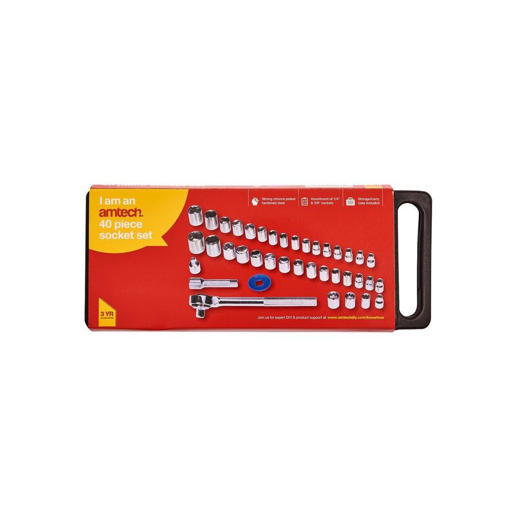 Amtech 40 Piece Socket Set 1/4" 3/8" Drive Socket Ratchet Handle Extension Bar - I0100