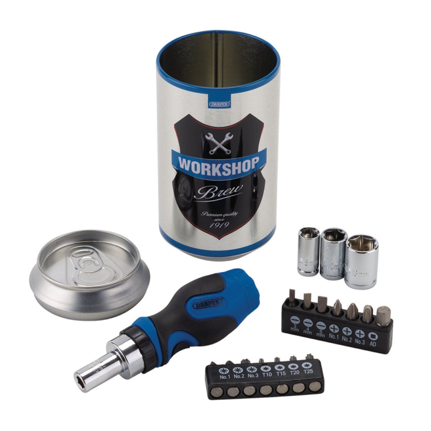 Draper Beer Stash Can Ratchet Stubby Screwdriver and Bit Set with Sockets 99413