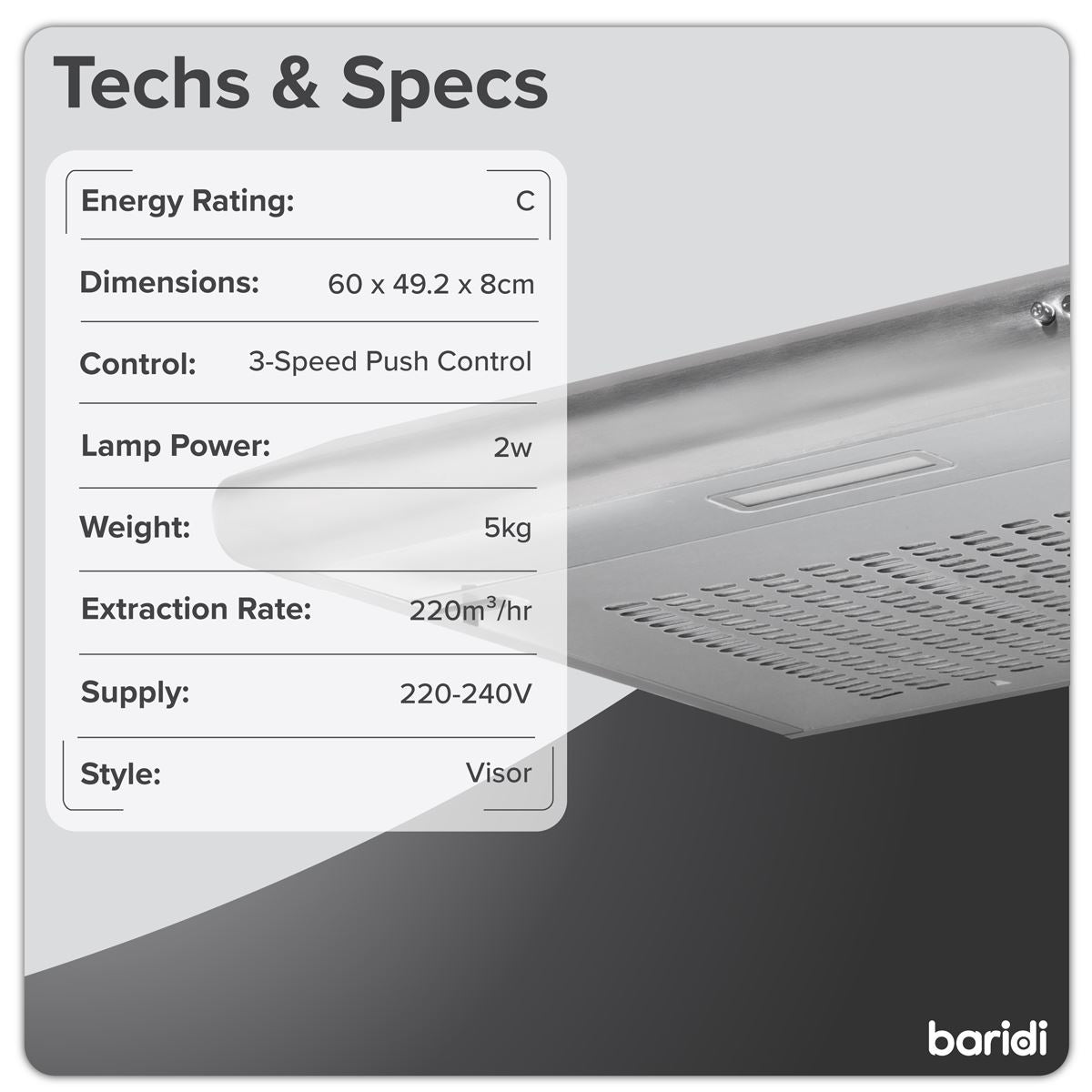 Baridi Visor Cooker Hood Extractor Fan 60cm - Stainless Steel DH108
