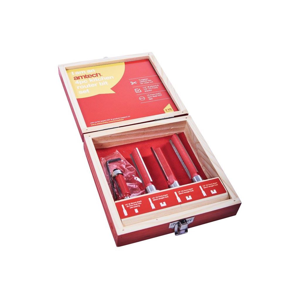 Amtech 4 Piece Kitchen Router Tool Bit Set In Wooden Case Professional Kit - F3625