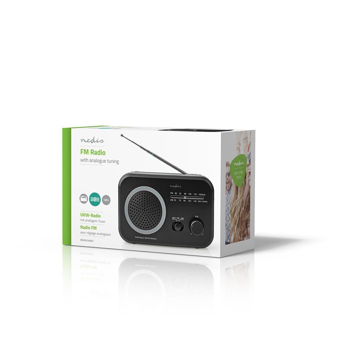 Nedis FM Radio Portable AM/FM Battery Powered/Mains Powered Analogue 1.8W - RDFM1330GY