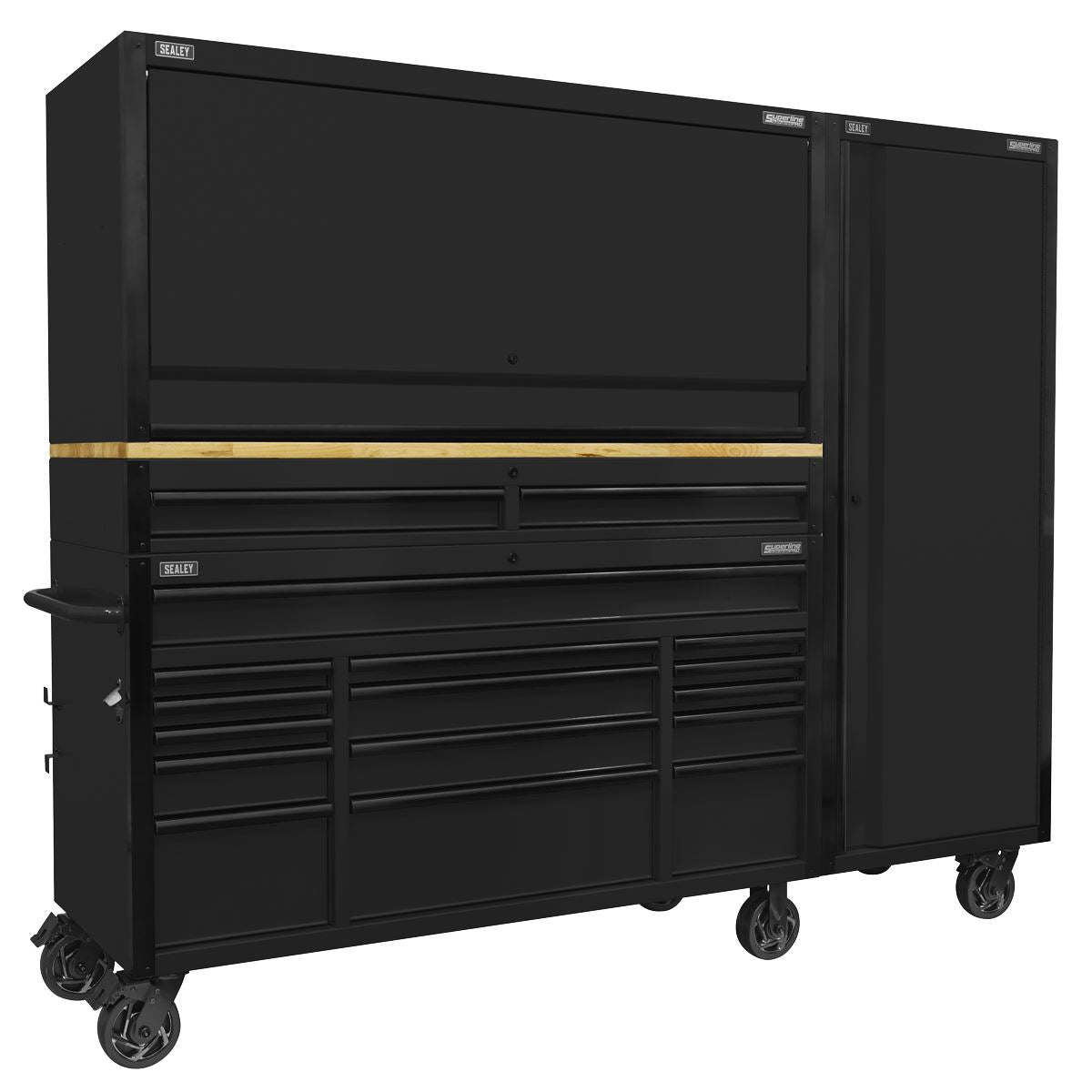 Sealey Superline Black Edition Mobile Trolley with Wooden Worktop 15 Drawer, Hutch, 2 Drawer Riser & Side Locker 1549mm AP6215BECOMBO2