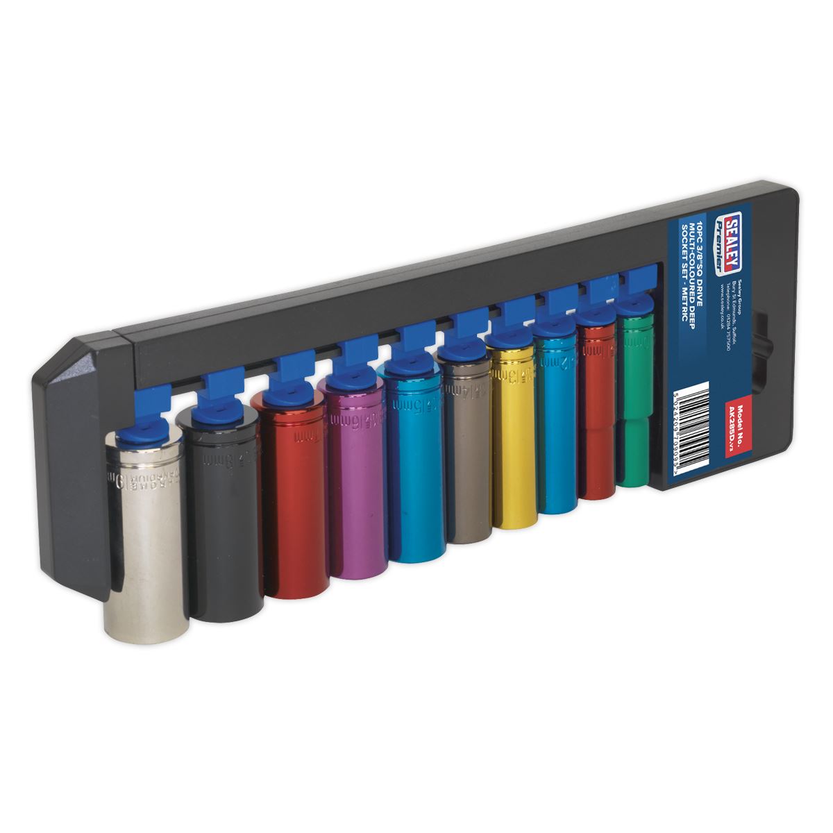 Sealey Multi-Colour Socket Set 10pc 3/8 Sq Dr 6pt Deep WallDrive MM AK285D