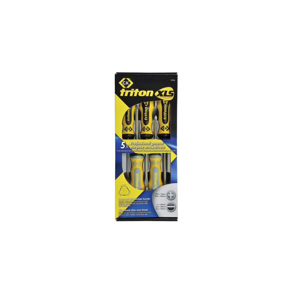 CK Tools Triton XLS Screwdriver - 5 Piece Set SL/PH contains Slotted parallel 4x100, Slotted flared 5.5x100, 6.5x150 PH1x75, PH2x100 - T4726