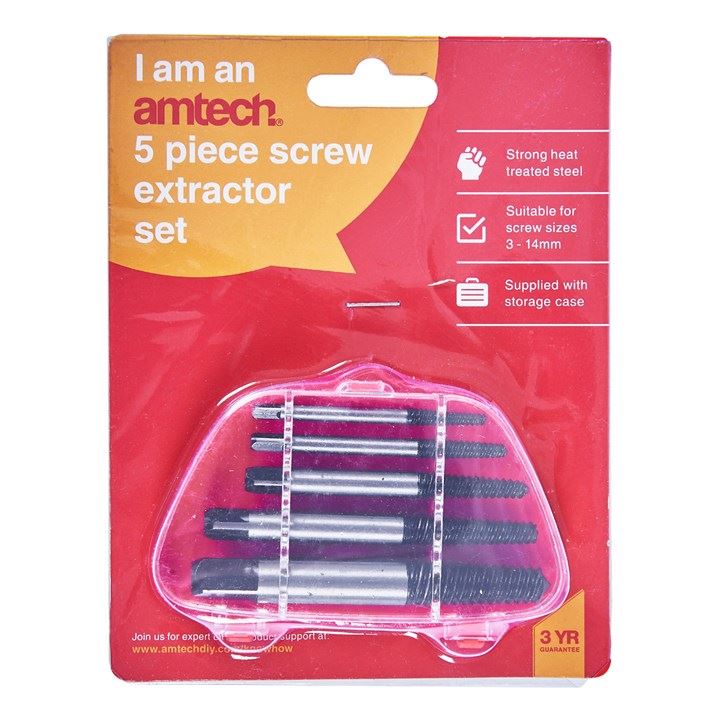 Amtech 5 Piece Screw Extractor Set & Storage Case Garage Site Workshop DIY - S0900