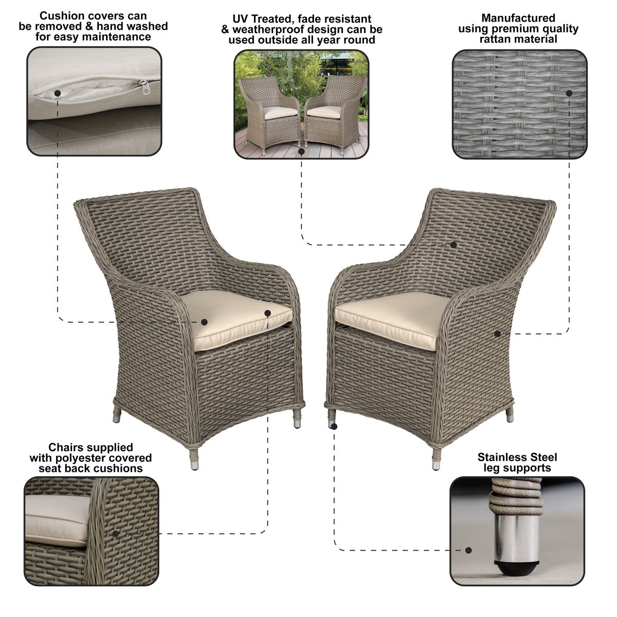 Sealey Dellonda Chester Rattan Wicker Garden Dining Chairs with Cushion, Brown DG64