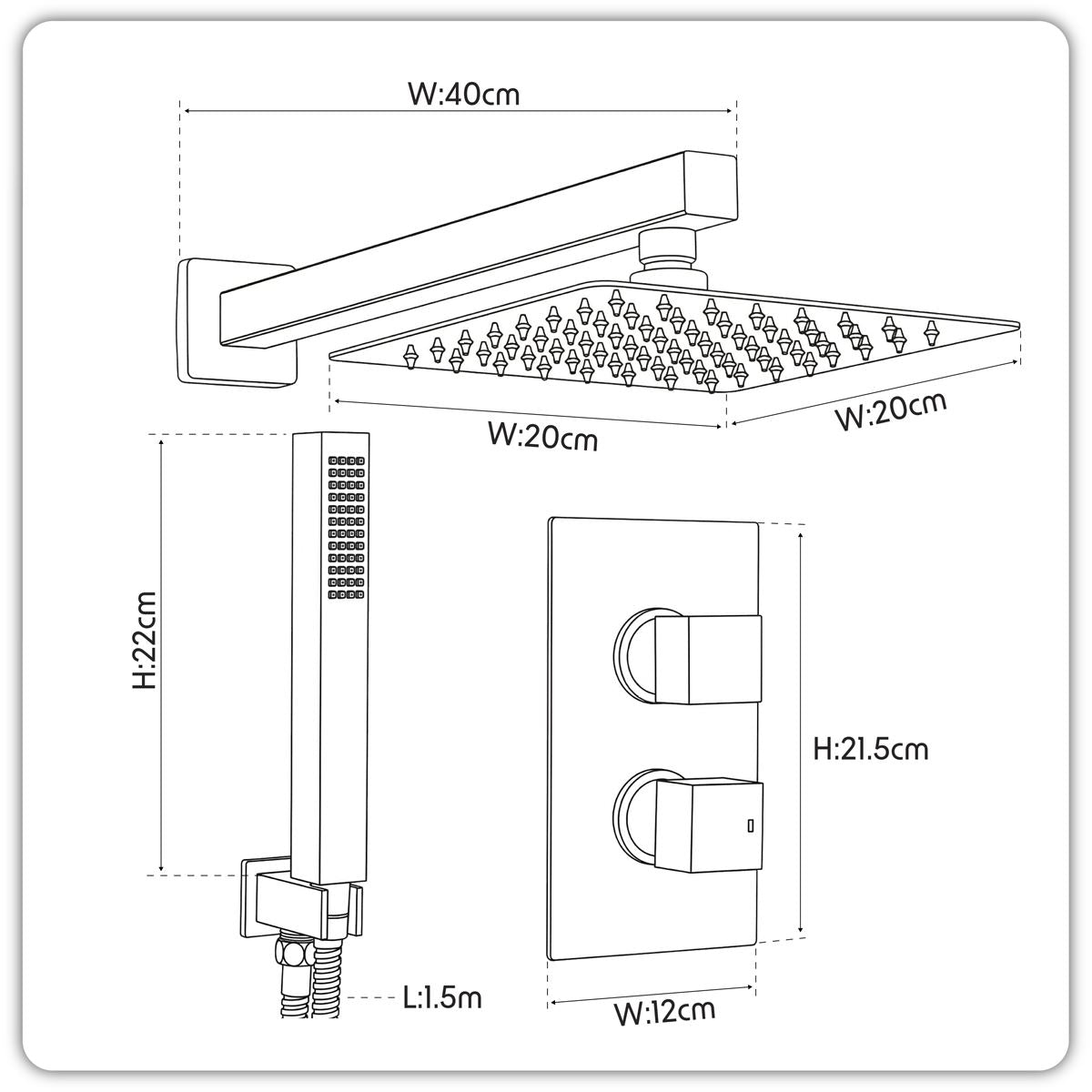 Baridi Concealed Thermostatic Shower Set 20 x 20cm Square Head & Hand Shower