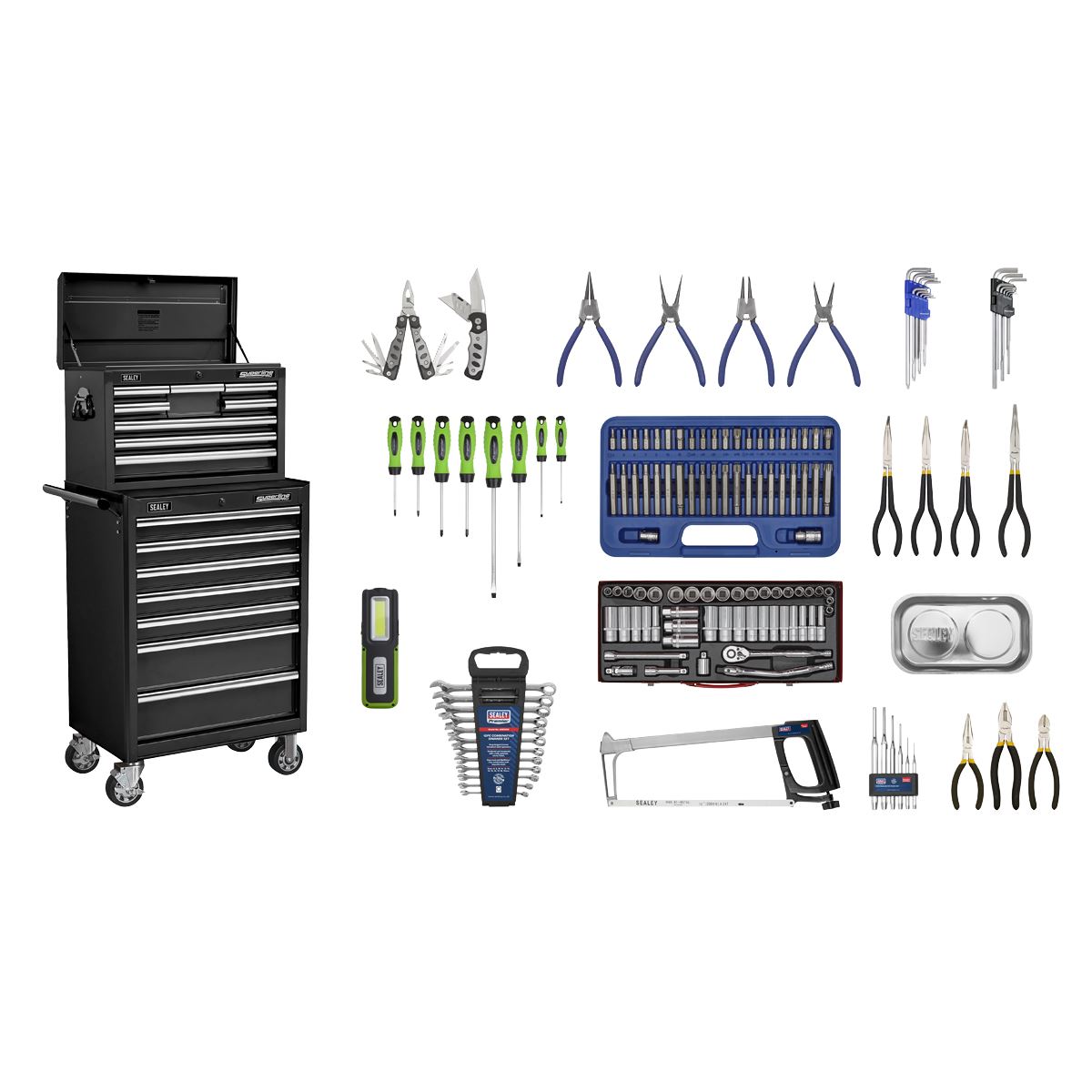 Sealey Topchest & Rollcab Combo 15 Drawer - Black & 147pc Tool Kit APCOMBOBBTK58