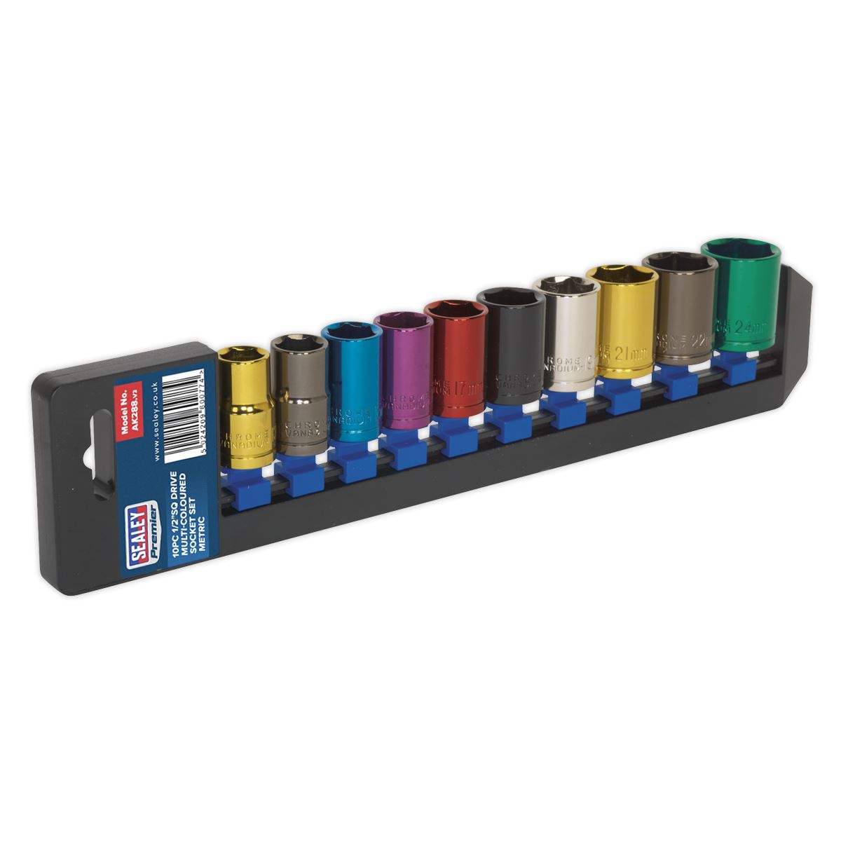 Sealey Multi-Colour Socket Set 10pc 1/2"Sq Dr 6pt WallDrive Metric AK288