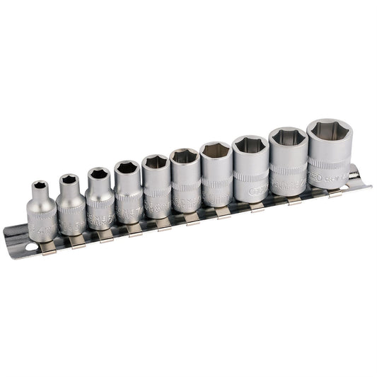 10PC 1/4" Square Drive METRIC CRV SOCKET SET WITH STORAGE RAIL 4-13mm 16398111