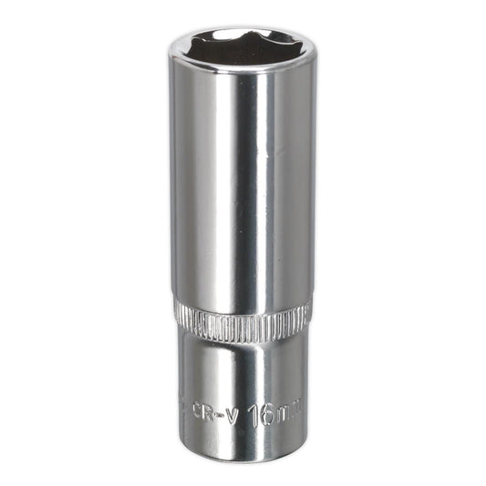 Sealey WallDrive Socket 16mm Deep 3/8"Sq Drive Fully Polished SP3816D