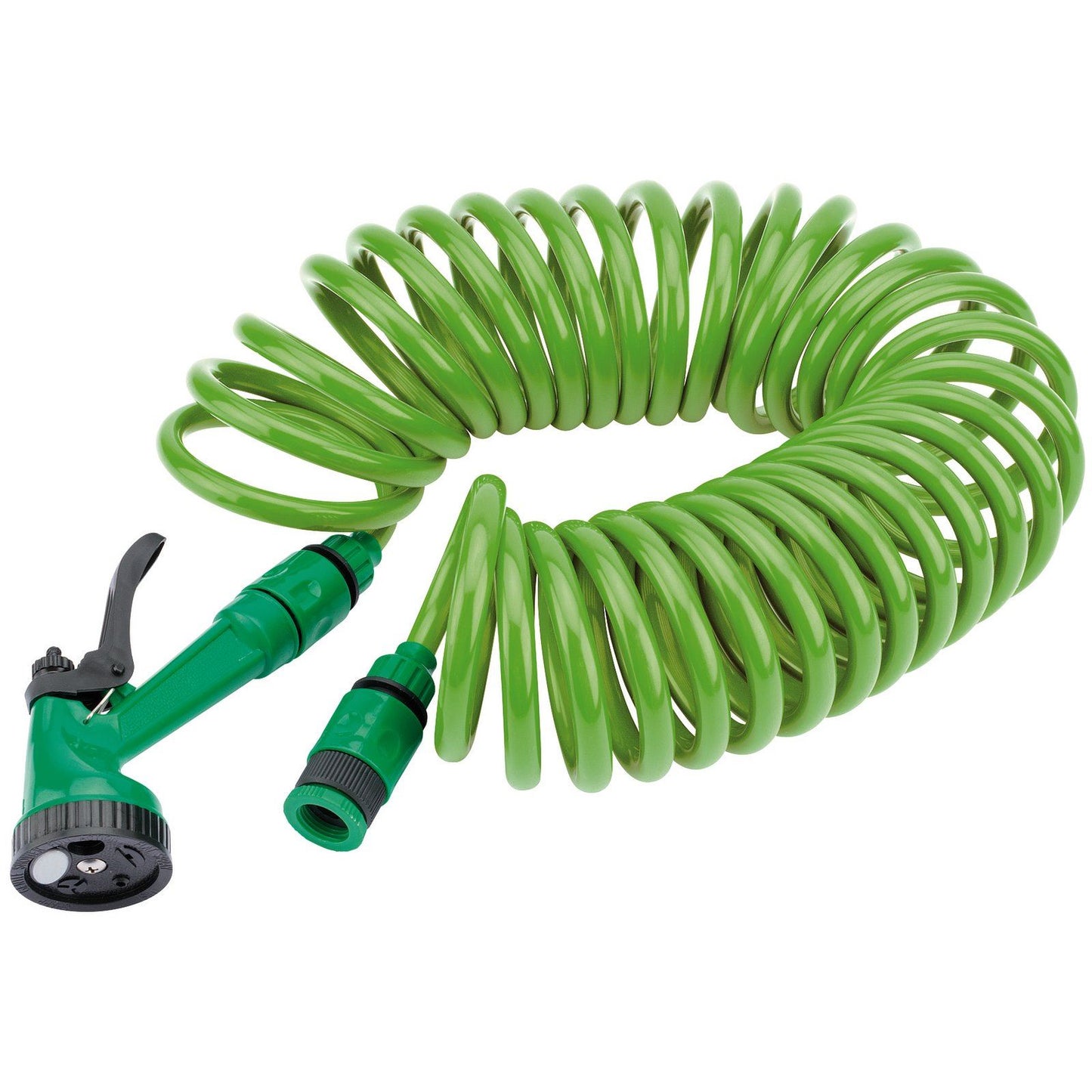 Draper 10m Coiled Recoil Coil Garden Hose & 5 Pattern Spray Gun/Tap Connector - 83984