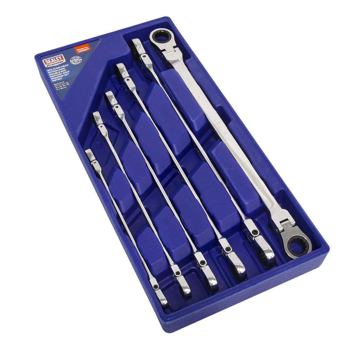 Sealey Flexi-Head Dble End Ratchet Ring Spanner Set 6pc Ex-Long MM AK63832
