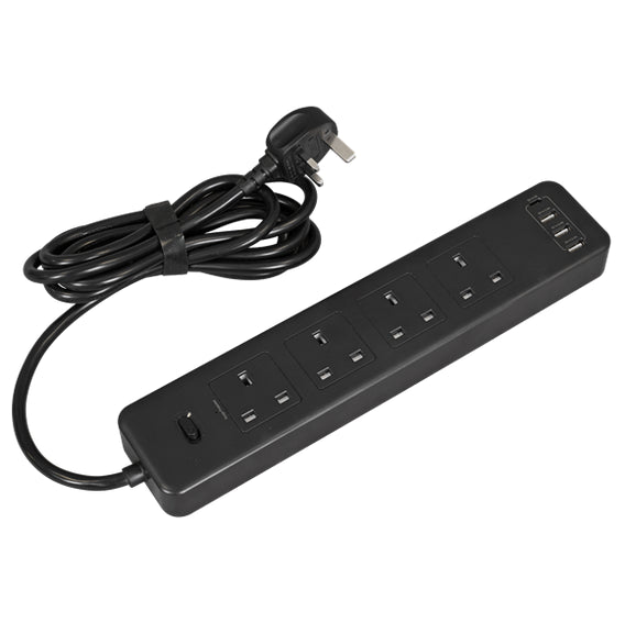 Sealey Extension Cable 2.6m 4 x 230V + 2 x USB Sockets - Black EL34USBB