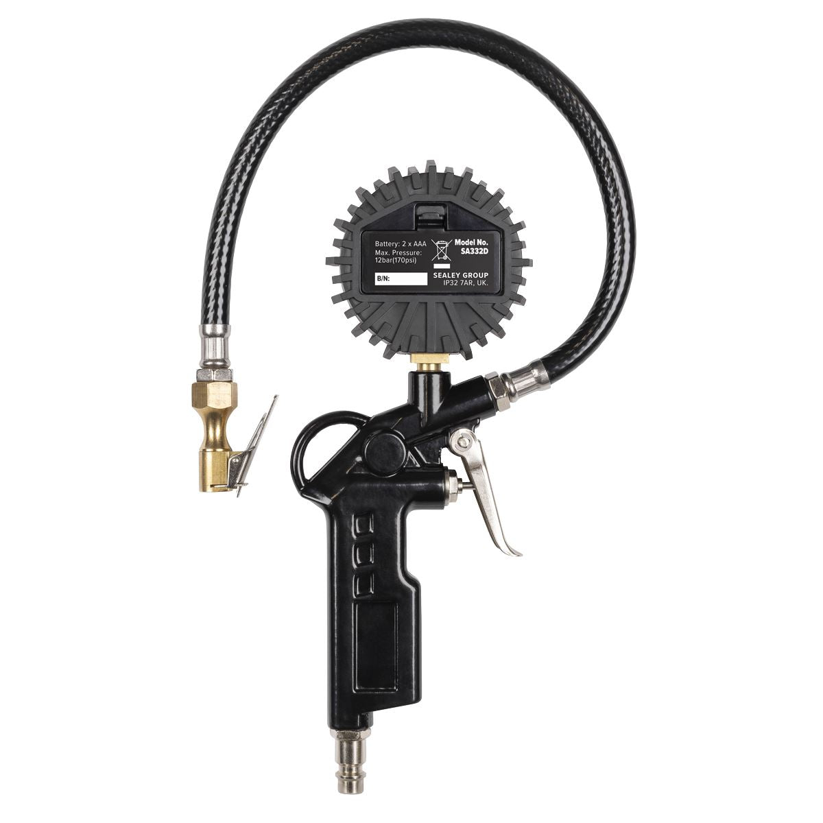 Sealey Digital Pistol Grip Tyre Inflator with Clip-On Connector SA332D